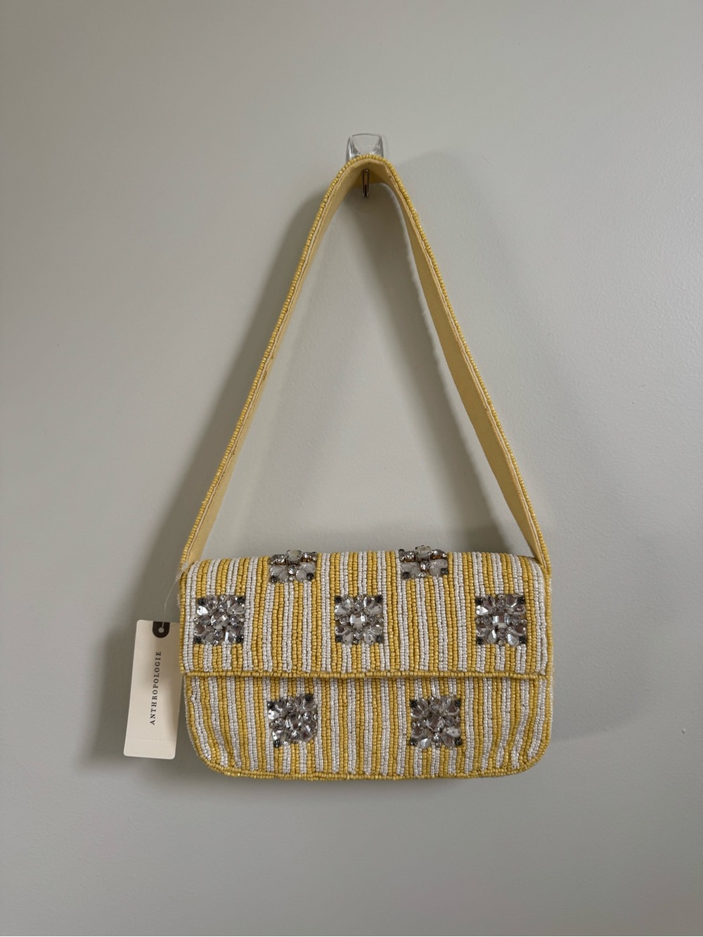 Anthropologie Yellow and White Beaded Shoulder Bag with Crystal Embellishments